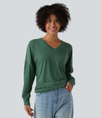 T-shirt décontracté à col V, manches longues et fronces, coupe ample