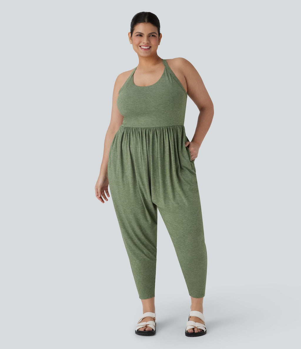 Combinaison sarouel dos nu torsadée grande taille avec poche latérale - Édition facile à enfiler
