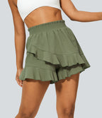 Short Évasés Casual à Taille Haute avec Volants Frisés et Effet Lin