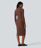 Robe midi moulante tailleur à col montant et manches longues en maille torsadée