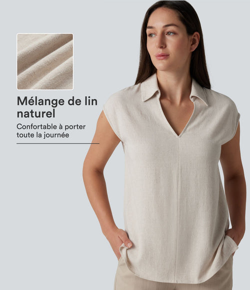 Chemisier tailleur en mélange de lin col V sans manches avec ourlet fendu