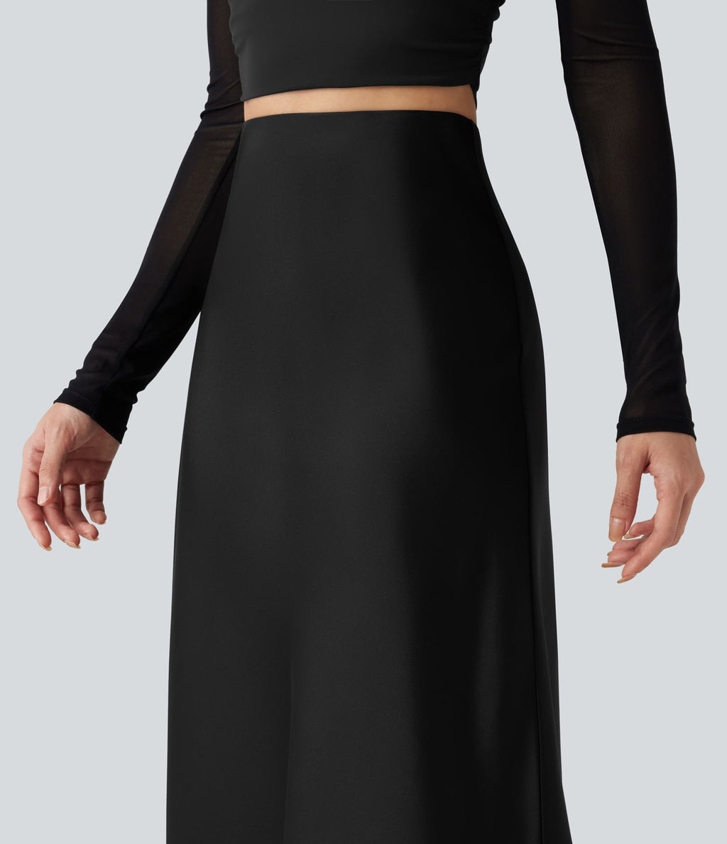 Jupe midi trapèze décontractée en satin et dentelle contrastée, taille haute