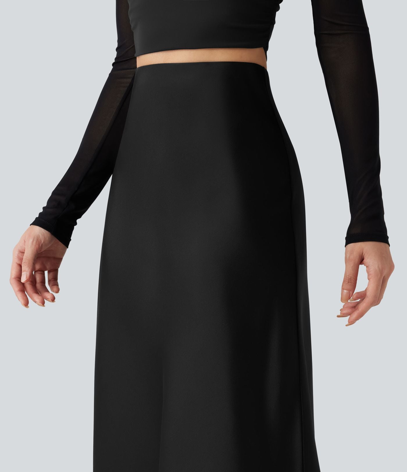 Jupe midi trapèze décontractée en satin et dentelle contrastée, taille haute