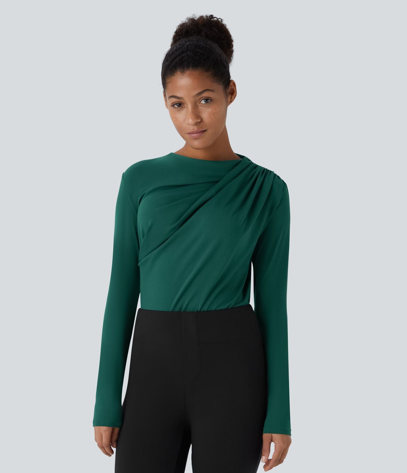 Cowl Neck Ruched Long Sleeve Slim Work Top