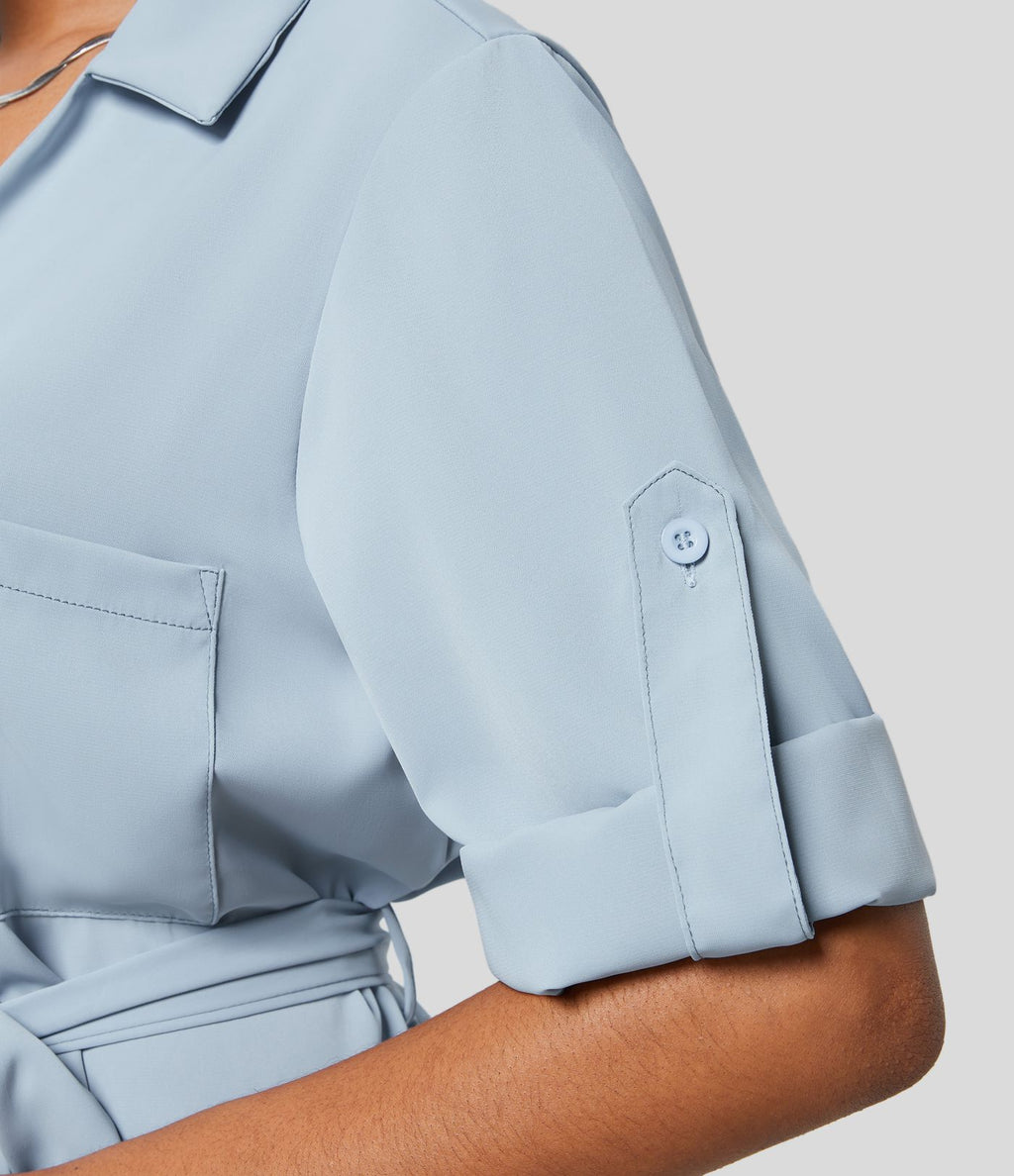 Robe-chemise décontractée à col, manches retroussables et ceinture