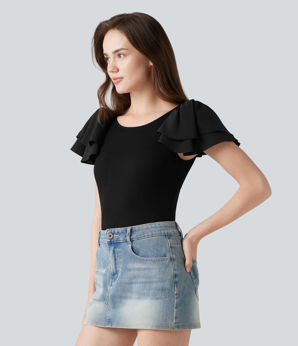 Blouse décontractée col rond à manches à volants étagées