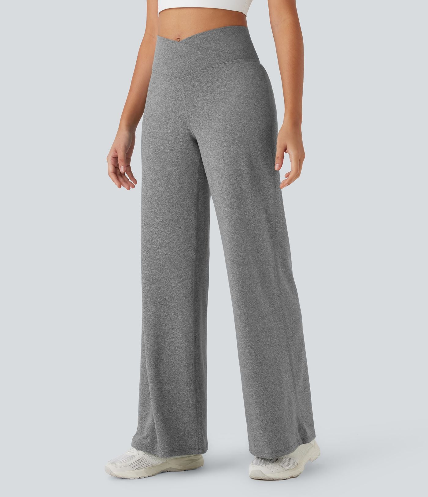 Pantalon de yoga à jambe large avec taille haute croisée et poche arrière