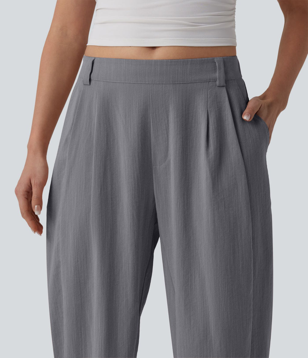 Pantalon décontracté coupe ballon taille mi-haute aspect lin avec poches