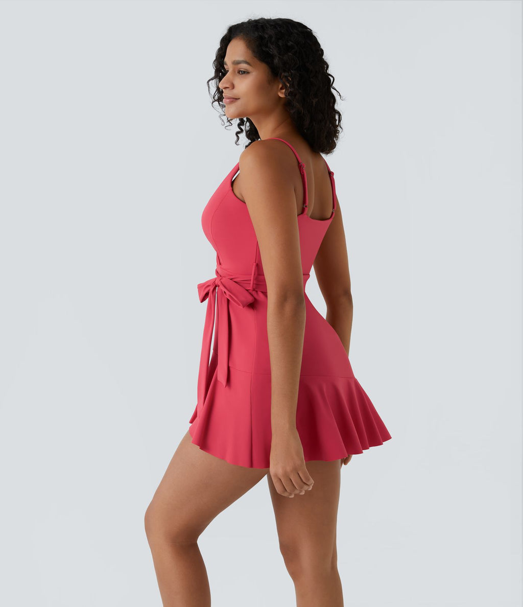 Robe décontractée mini 2-pièces col V liens latéraux volant fluide avec poche A-D