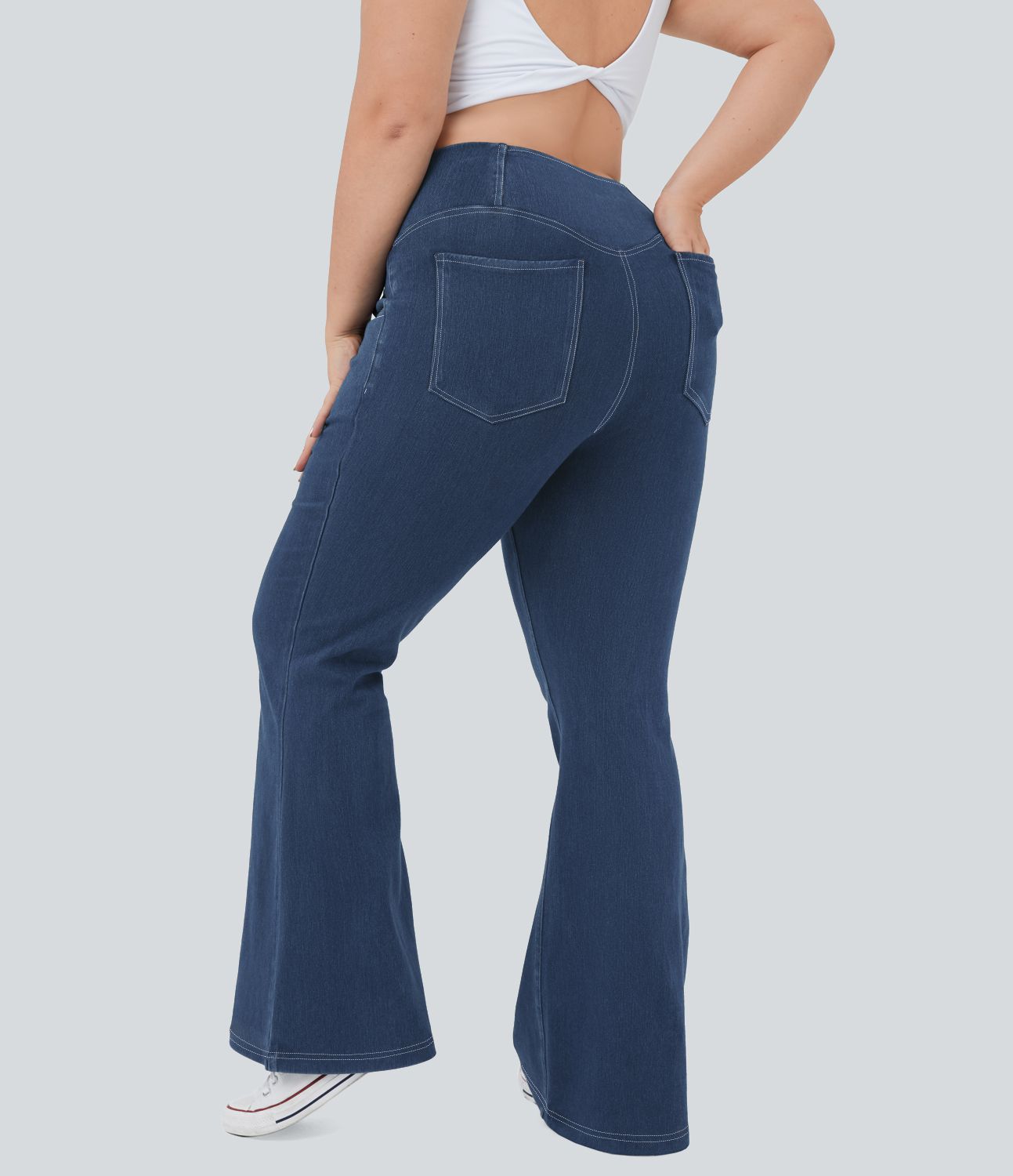 Jean super évasé Halara Flex™ grande taille en maille denim extensible délavée taille haute avec poches croisées effet frais InstantCool respirant