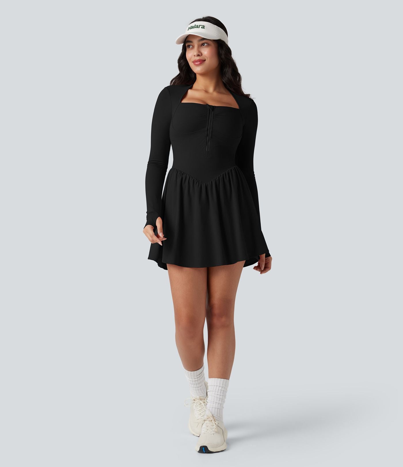 Robe de tennis active courte Halara UltraSculpt™ push-up 2-en-1 manches longues avec trous pouces et poche