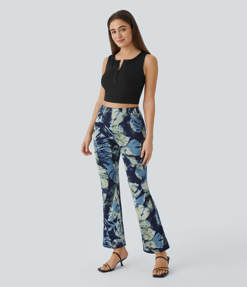 Halara Flex™ Legging Casual Taille Haute en Denim Tricoté Extensible avec Imprimé Floral Poche Arrière Effet Léger Évasé et Taille Élastique