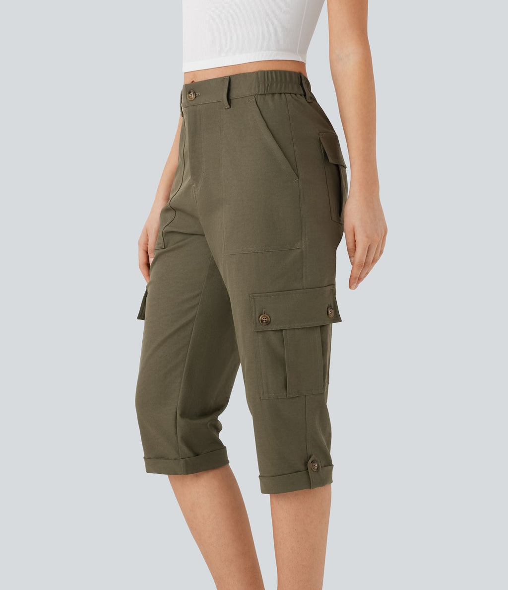Pantalon cargo décontracté taille moyenne à ourlet roulé avec poches à rabat