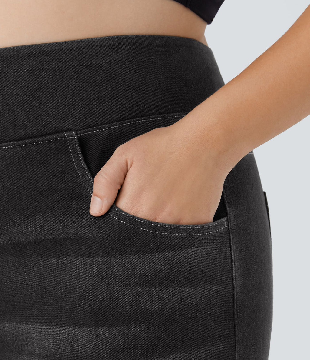 Halara Flex™ Jeans Larges Casual Taille Haute Multiples Poches Lavés Élastiques et Tricotés Grande Taille