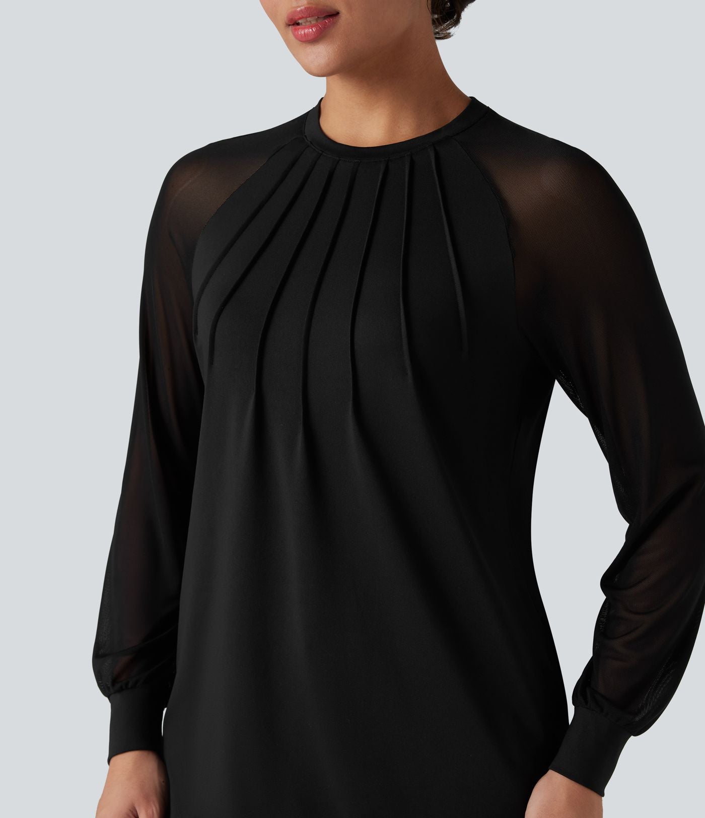 Blouse mesh contrastant col rond manches raglan longues