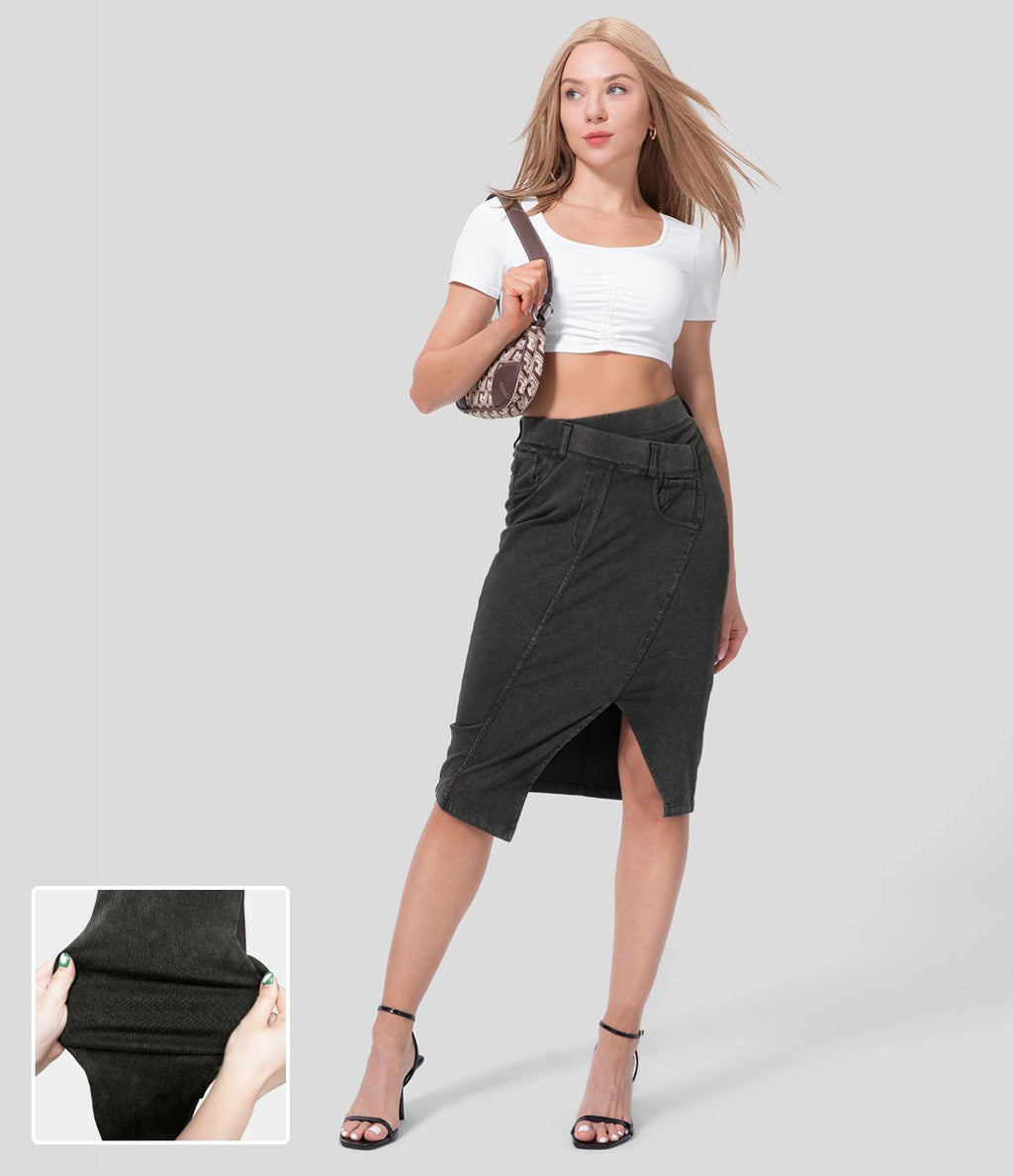 Halara Flex™ Jupe Midi Casual Taille Haute avec Ourlet Fendu en Denim Tricoté Élastique