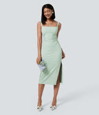 Softlyzero™ Airy Robe Demoiselle d'Honneur Invitée de Mariage Col Carré Plissée et Fendue Toucher Frais Grande Taille