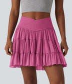 Jupe mini de tennis 2 en 1 croisée évasée taille haute avec poches - longueur allongée