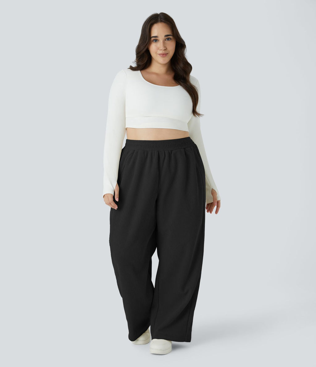 Pantalon décontracté grande taille en velours côtelé coupe droite taille haute avec poches latérales