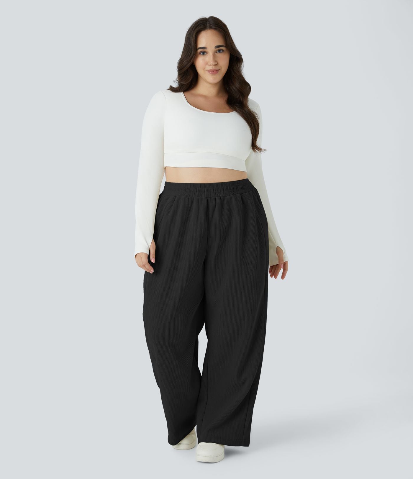 Pantalon décontracté grande taille en velours côtelé coupe droite taille haute avec poches latérales