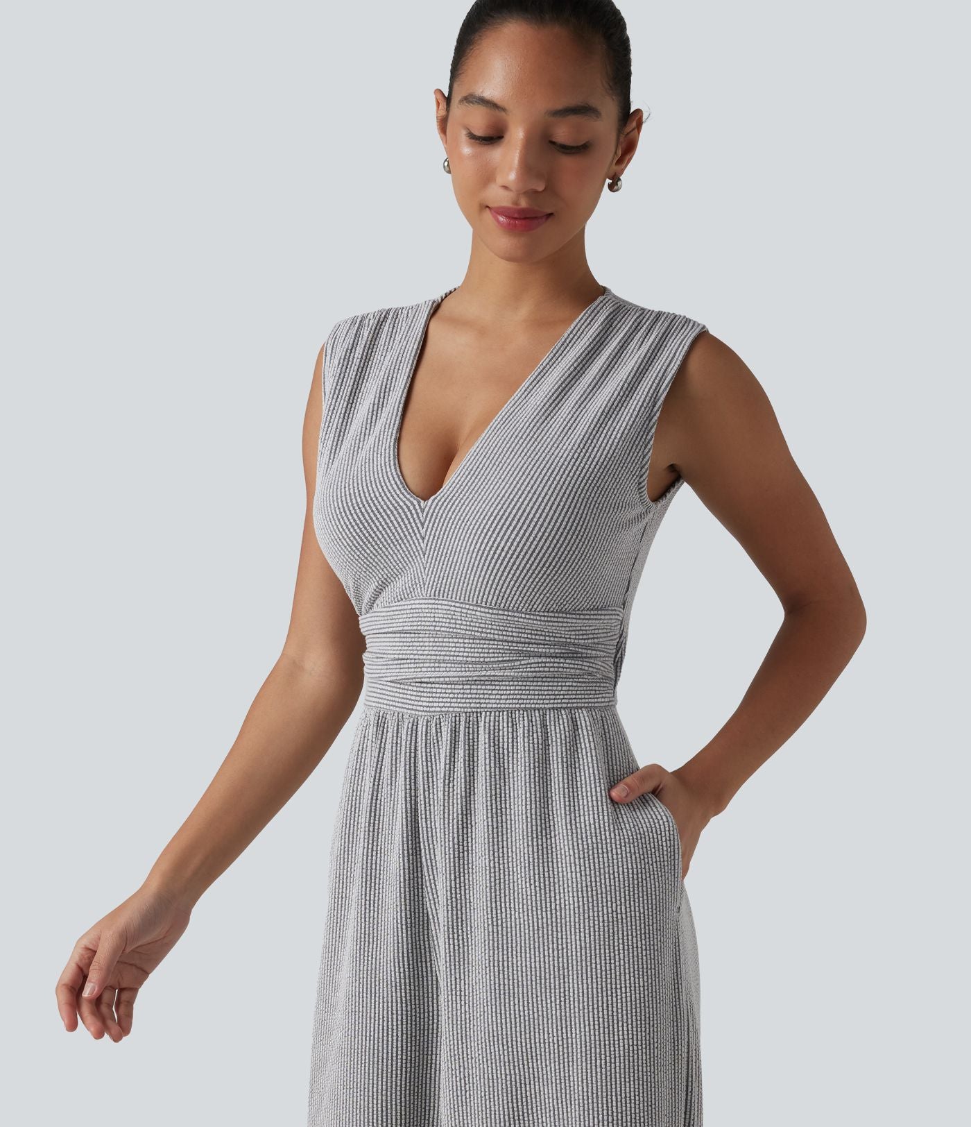 Combinaison sans manches col V à rayures avec brassière intégrée et poches – Édition Easy Peasy