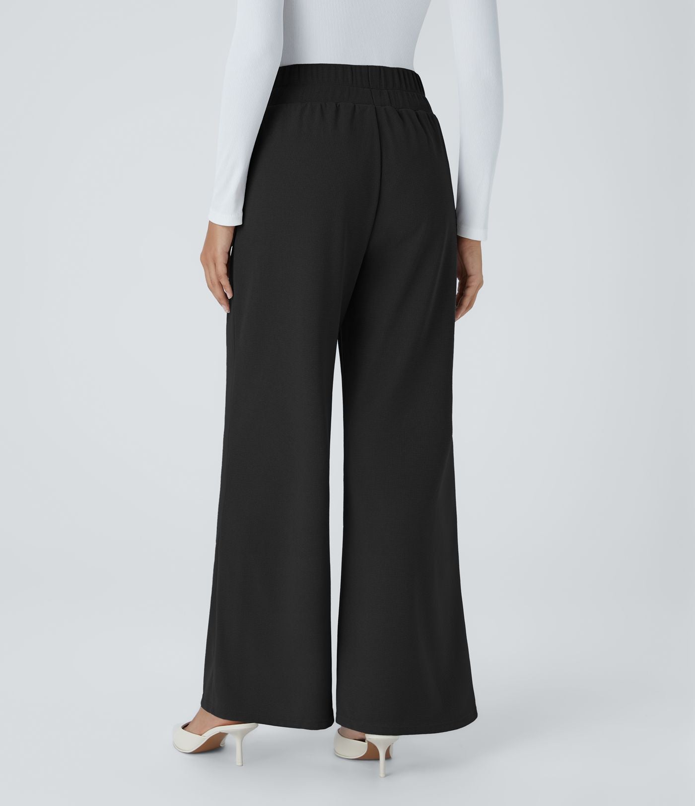 Halara Flex™ Pantalon Tailleur en Tissu Gaufré Taille Haute avec Large Ceinture Plis Poches Latérales Jambes Larges