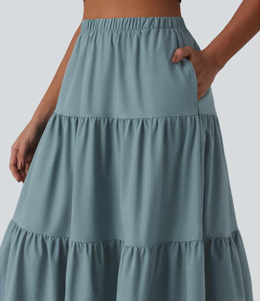 Jupe midi trapèze taille haute en popeline extensible avec poches