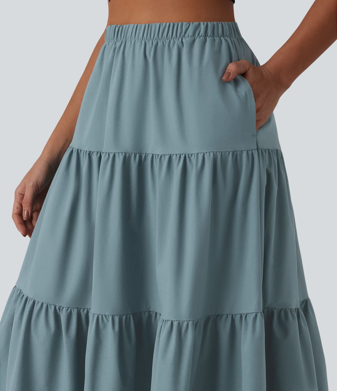 Jupe midi trapèze taille haute en popeline extensible avec poches