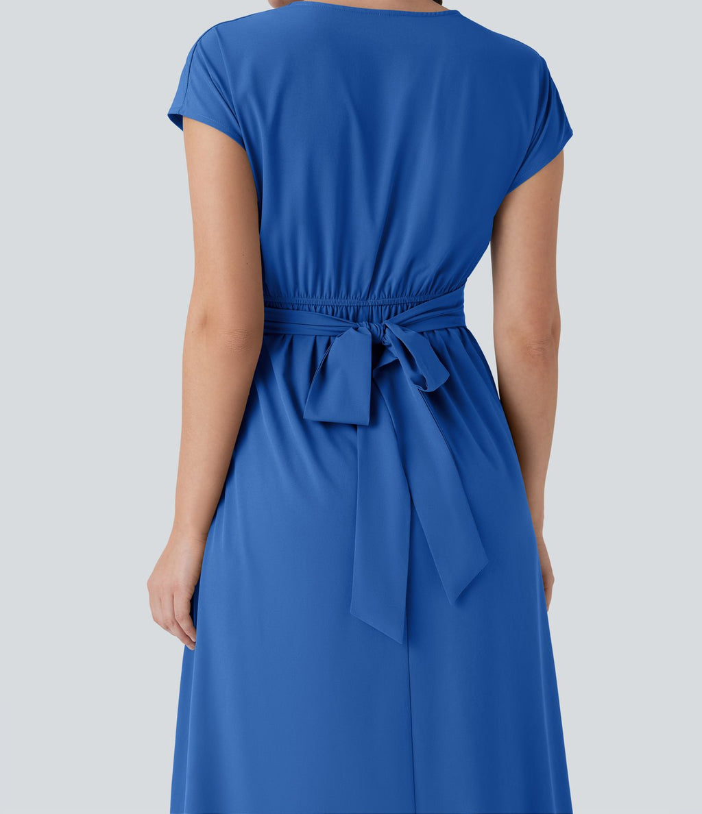 Robe midi Breezeful™ col V manches courtes à liens dans le dos séchage rapide avec poches latérales