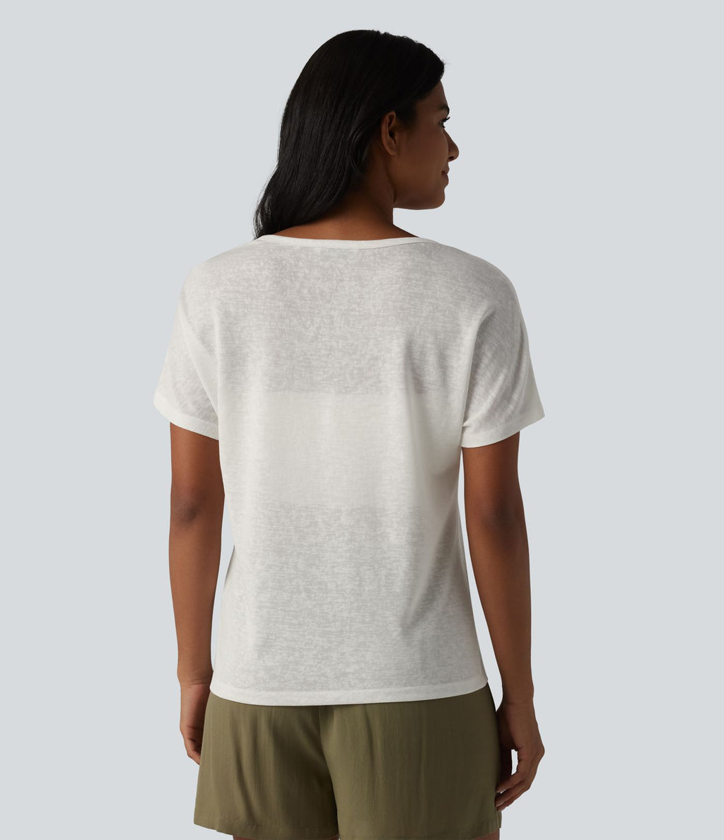 T-shirt casual col V semi-transparent en lyocell manches courtes