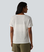 T-shirt casual col V semi-transparent en lyocell manches courtes