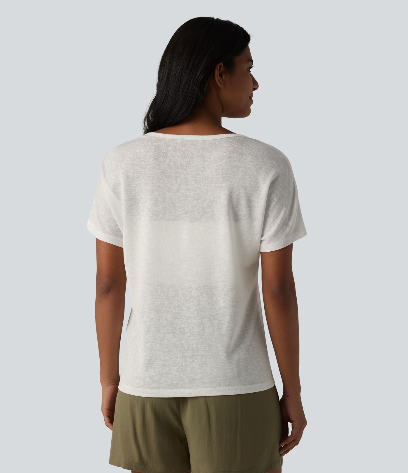 T-shirt casual col V semi-transparent en lyocell manches courtes