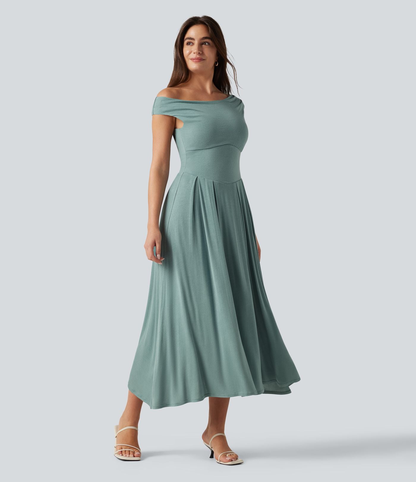 Robe midi casual fluide côtelée gainante à épaules dénudées