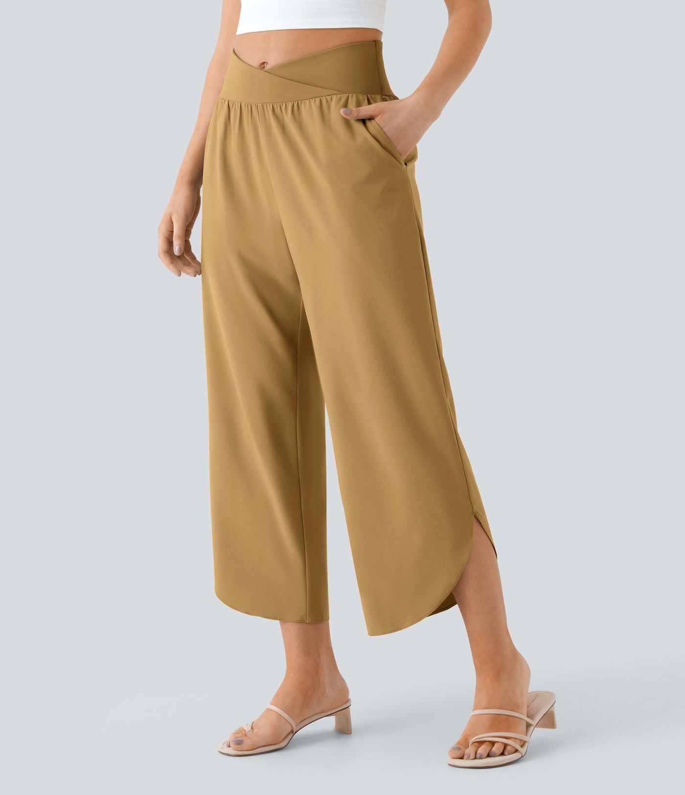 Breezeful™ Pantalon Fluide Vacances Séchage Rapide Taille Haute Croisée Poches Latérales Plissées Fente