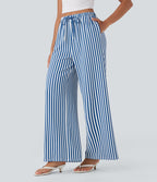 Pantalon de vacances jambes larges taille haute en tissu gaufré à rayures avec cordon de serrage et poches