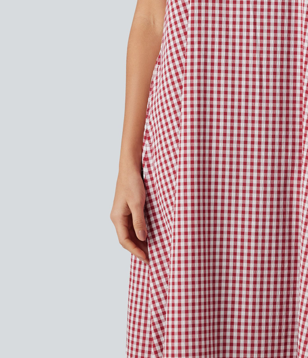 Robe débardeur midi décontractée col rond sans manches en vichy froissé avec poches