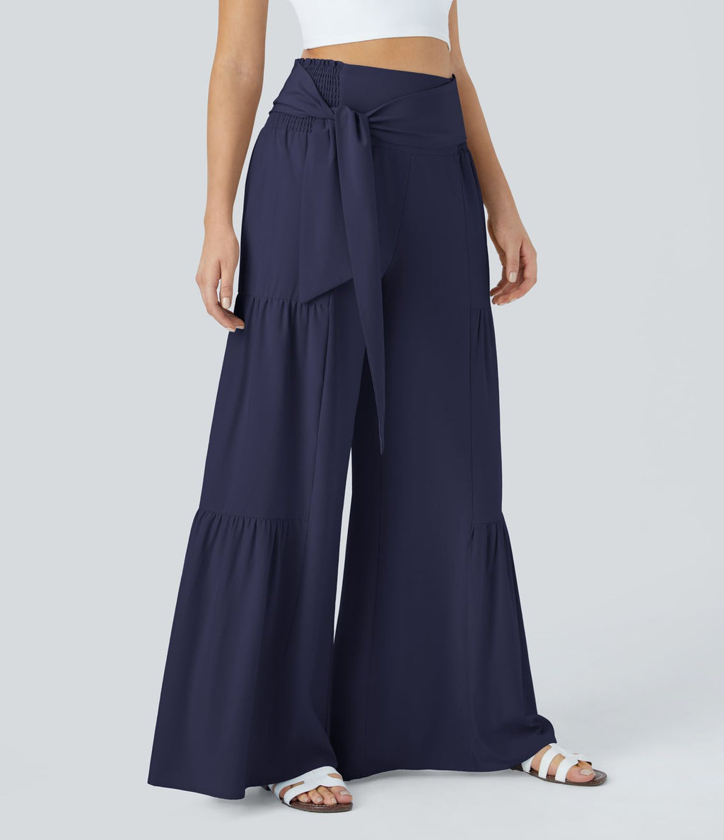 Breezeful™ Pantalon Large Casual Taille Haute Froncé à Nouer Devant et Dos Fluide Séchage Rapide