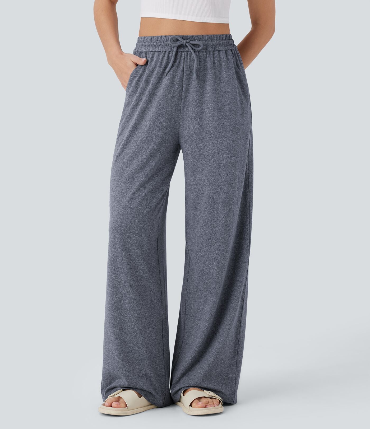 Pantalon large décontracté taille haute avec cordon de serrage et poches latérales