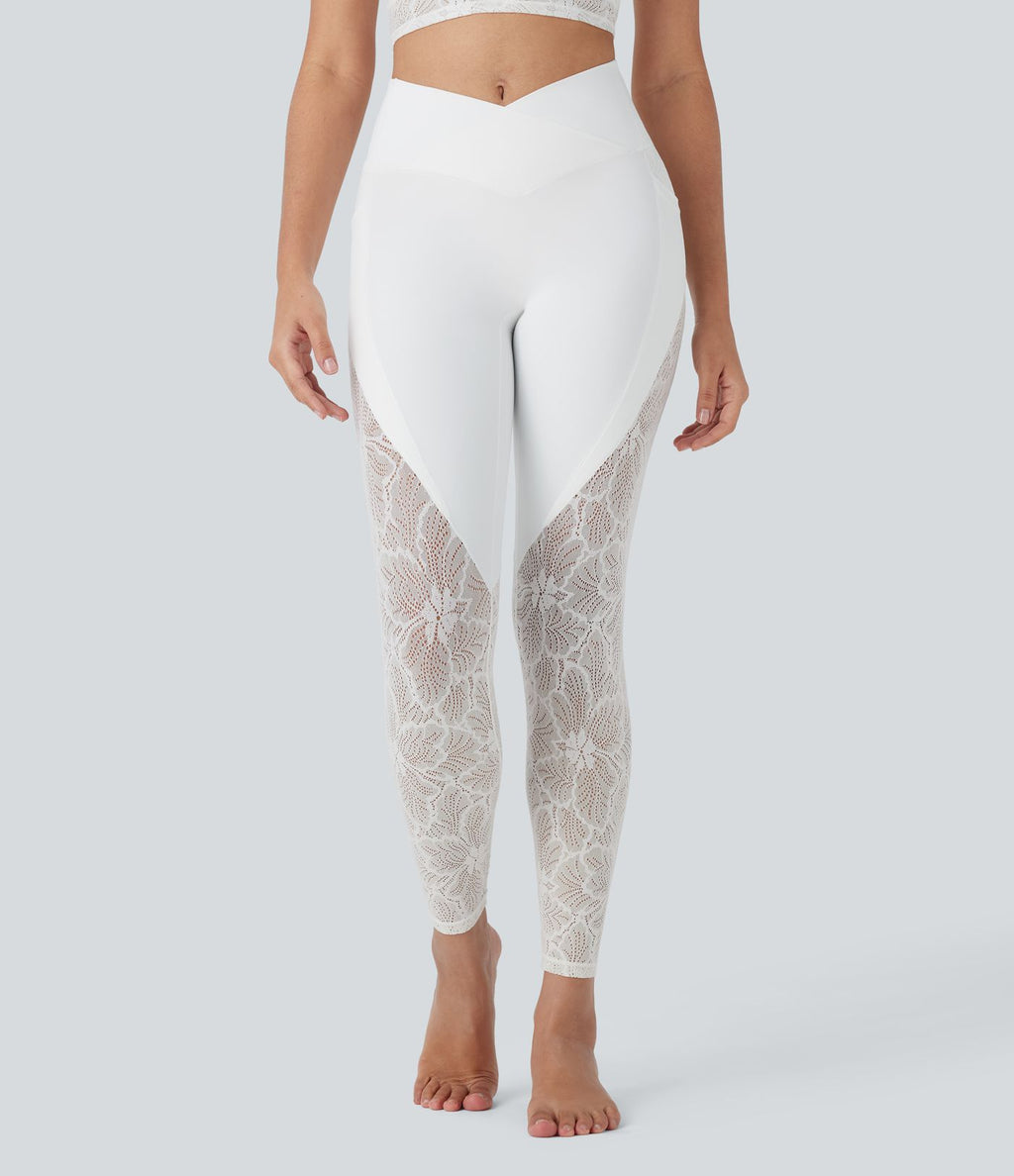 Legging de yoga 7/8 taille haute avec poches latérales, dos croisé et dentelle contrastante Softlyzero™-UPF50+