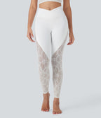 Legging de yoga 7/8 taille haute avec poches latérales, dos croisé et dentelle contrastante Softlyzero™-UPF50+