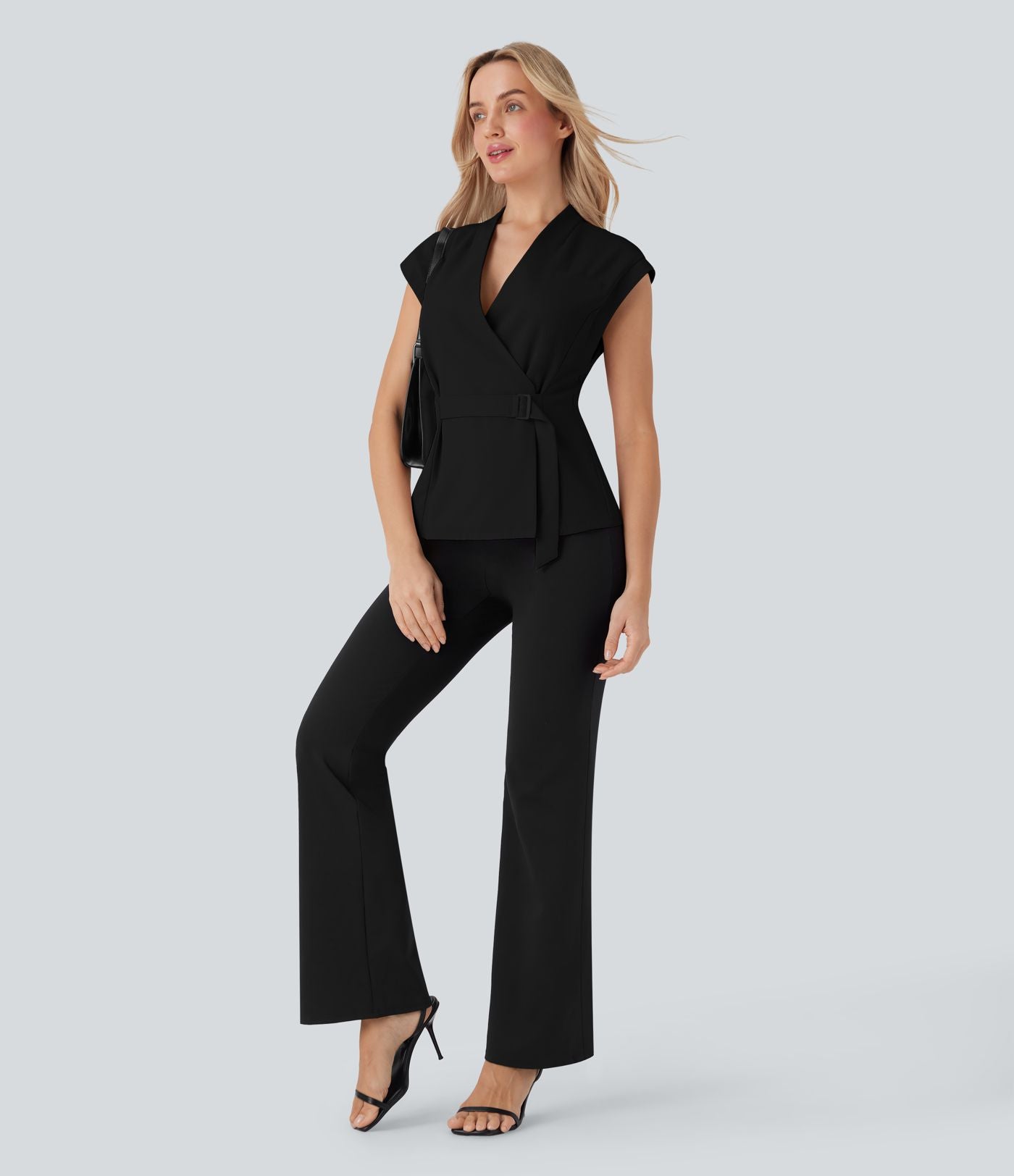 Veste short tailleur à col V, sans manches, portefeuille et ceinture