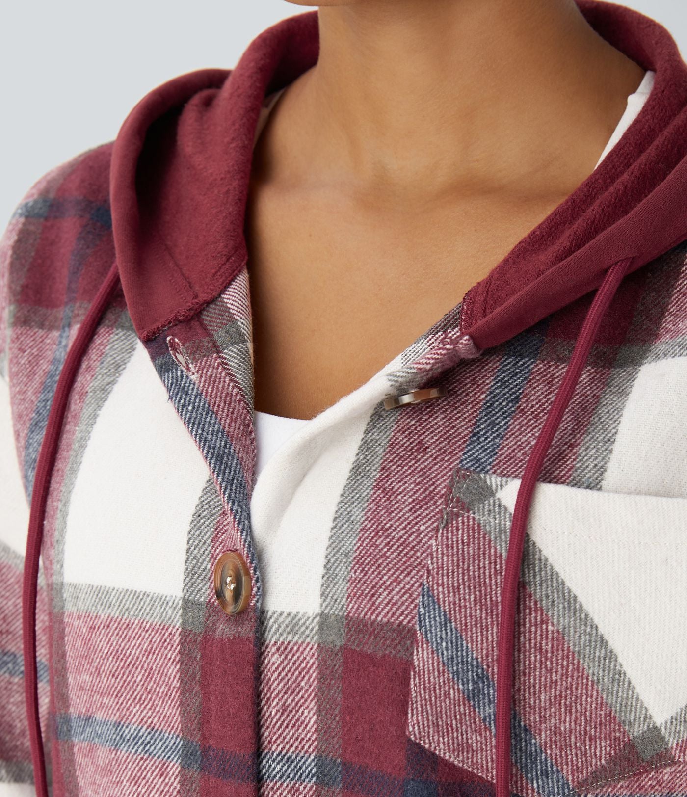 Veste de Casual à Carreaux en Polaire à Capuche avec Cordon de Serrage Boutons et Poches Latérales