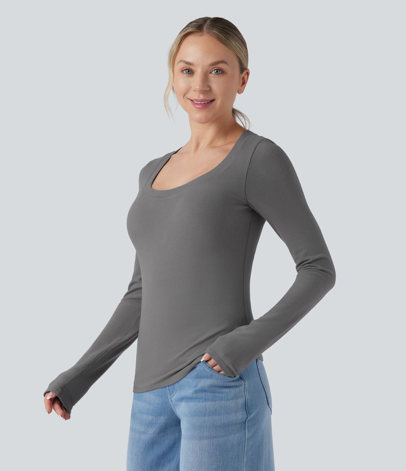 Haut coques moulées effet push-up col arrondi dégagé manches longues bonnets E-G