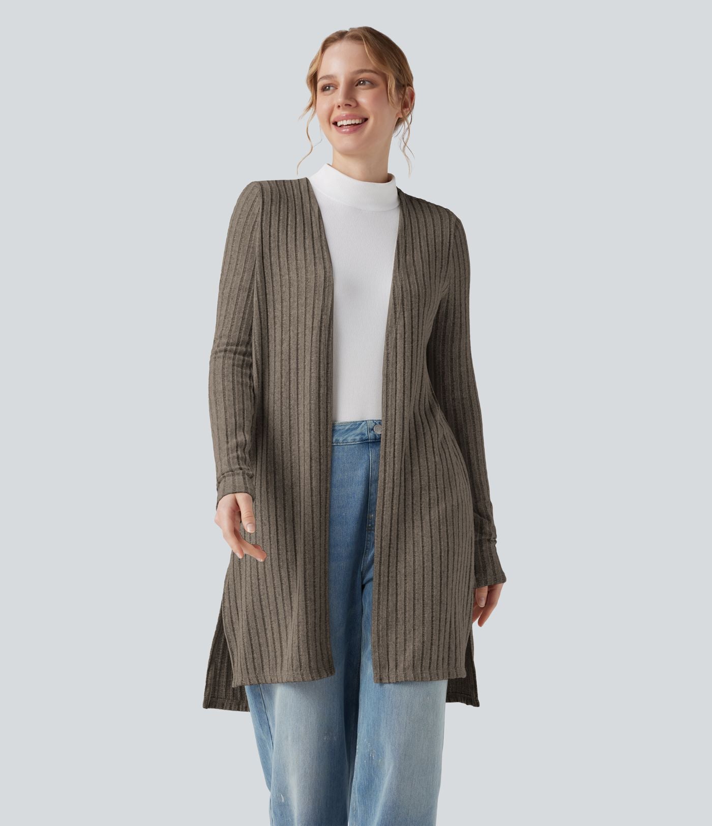 Manteau décontracté côtelé à manches longues avec fentes