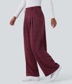 Pantalon taille haute décontracté large à carreaux, avec poches
