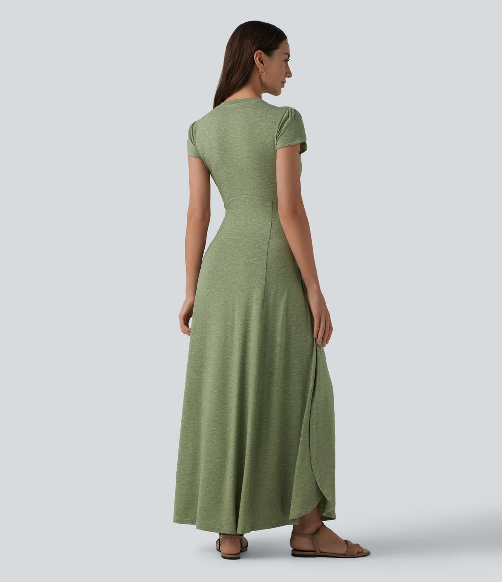 Robe longue fluide col V manches courtes