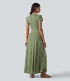 Robe longue fluide col V manches courtes