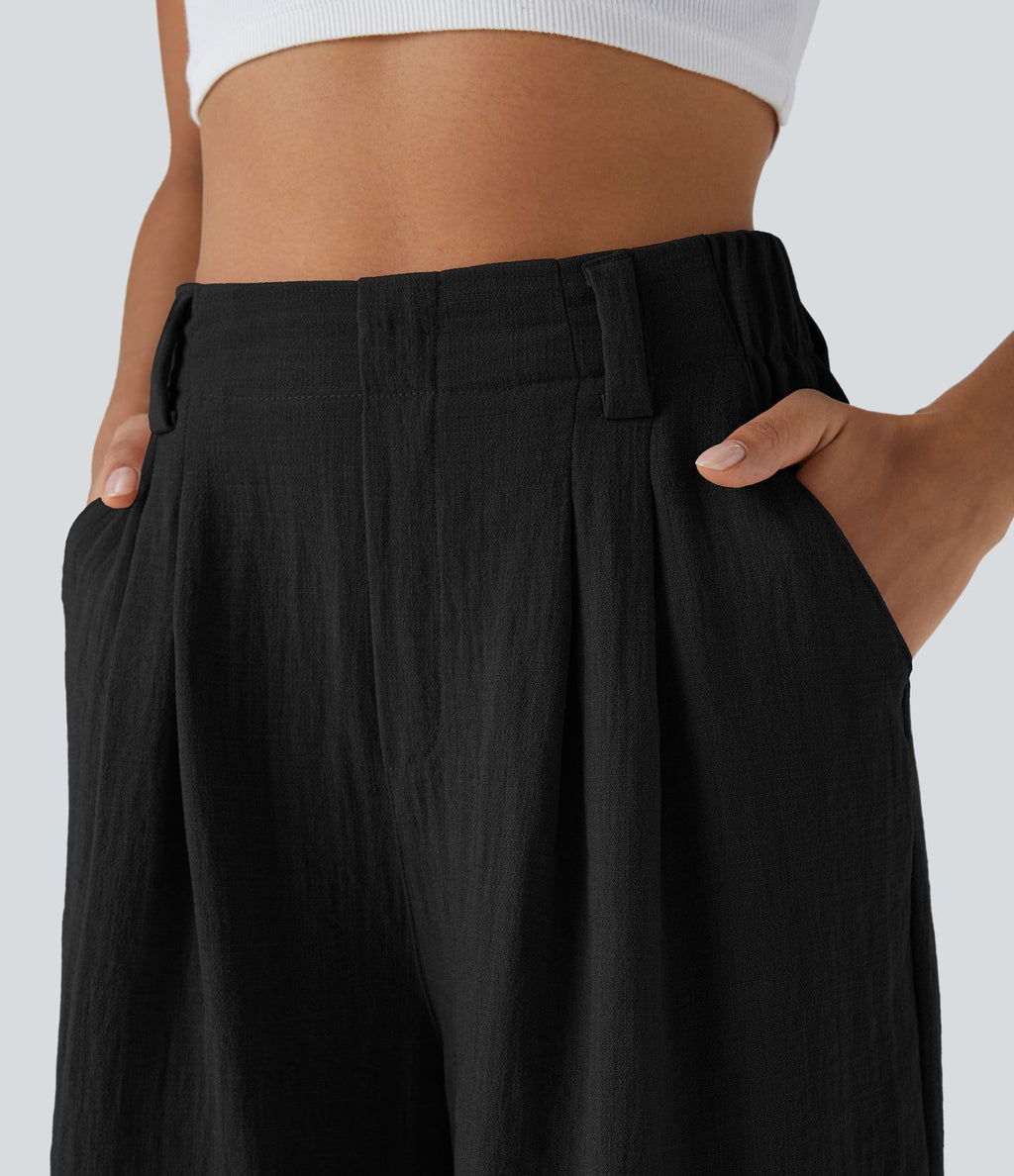 Bermuda Large Fluide Taille Haute avec Plis et Poches Latérales en Lin Synthétique