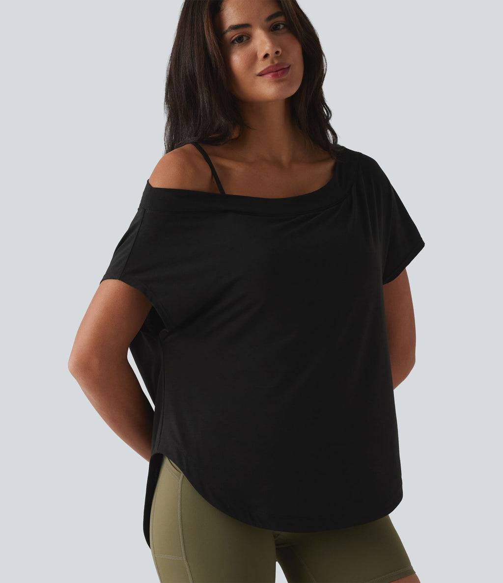 Top de yoga à une épaule, manches courtes, ourlet asymétrique et soutien-gorge intégré à séchage rapide