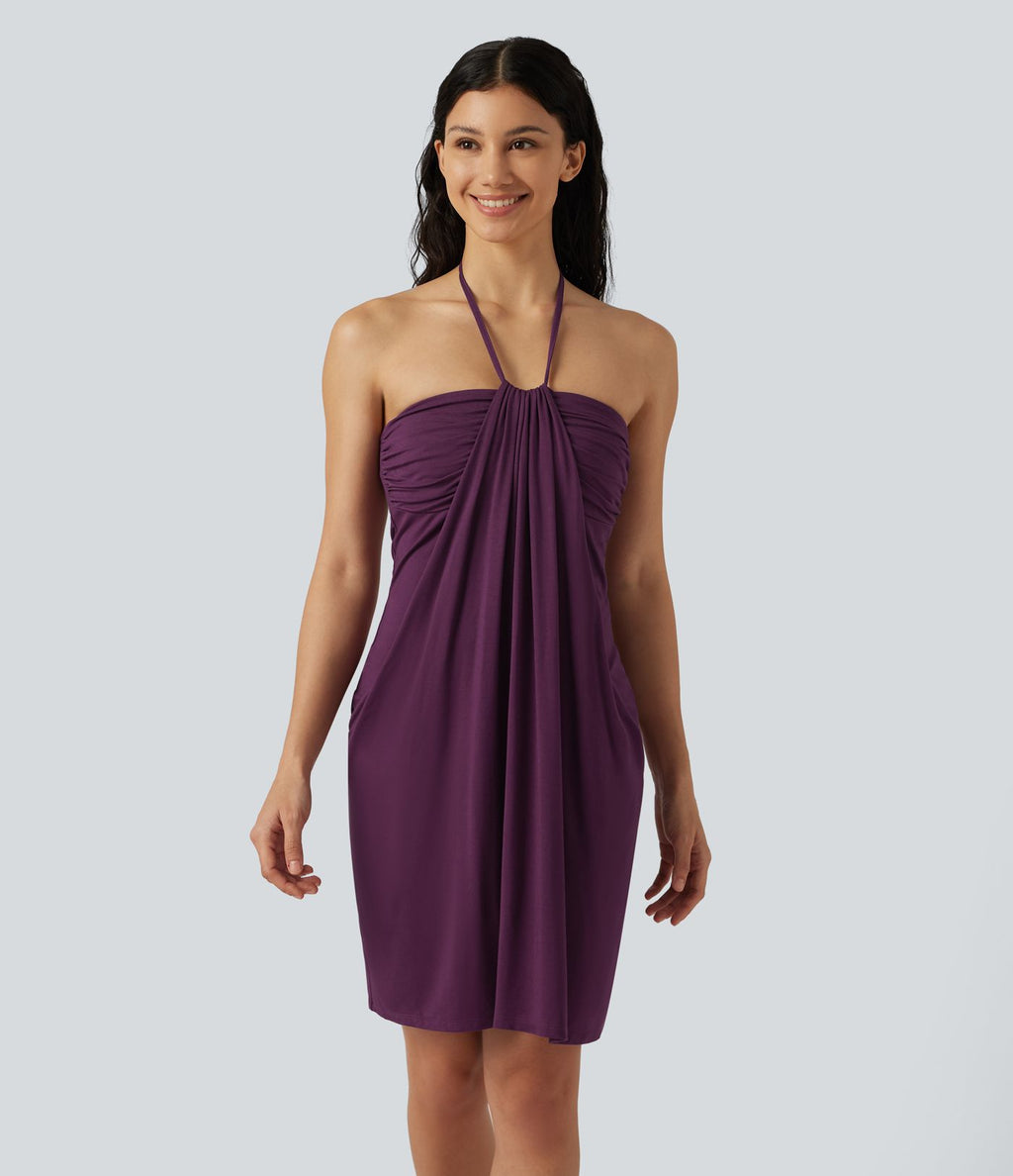 Robe mini de plage à col halter avec brassière intégrée, lien noué au dos et poches
